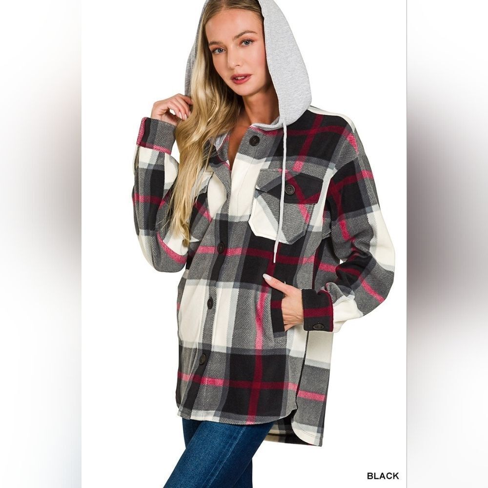 Zenana Plaid Drawstring Hooded Fleece Shacket | Cozy Button-Up Shirt Jacket | Tr - Picture 3 of 3